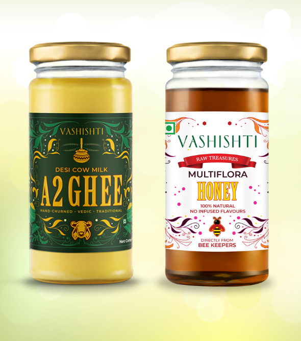 100% Pure A2 Desi Cow Ghee + Raw Treasures Multi Flora Honey