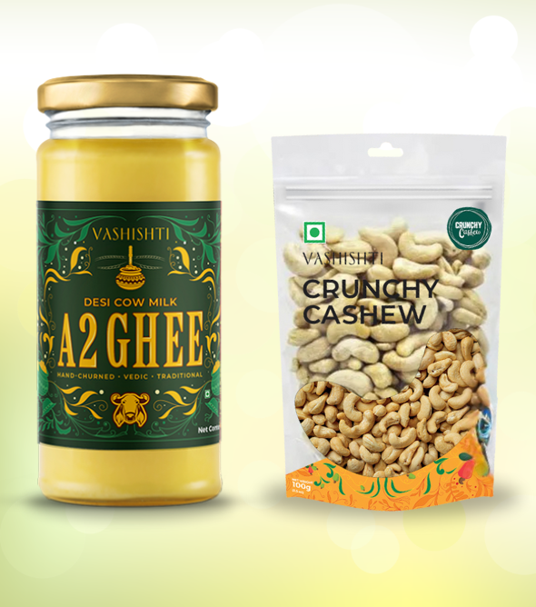 100% Pure A2 Desi Cow Ghee + Raw Treasures Crunchy Cashew
