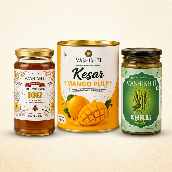 Kesar Mango Pulp 850gms + Multiflora Honey 300gms + Chilli Pickle 250gms + Special Rakhi