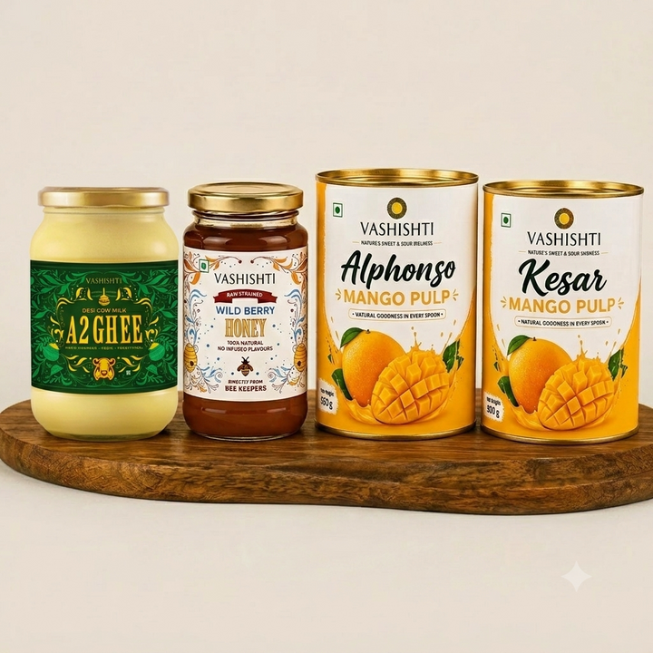 Desi Cow Ghee 500ml + Wild Berry Honey 300gms + Alphonso Mango Pulp 850gms + Kesar Mango Pulp 850gms