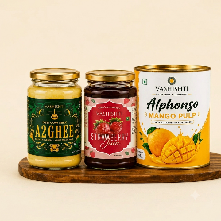 Desi Cow Ghee 500ml + Strawberry Jam 300gms + Alphonso Mango Pulp 850gms